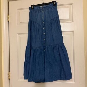 Vintage 80s 90s Long Tiered Blue Denim Jean Button-Down Prairie Skirt S Small